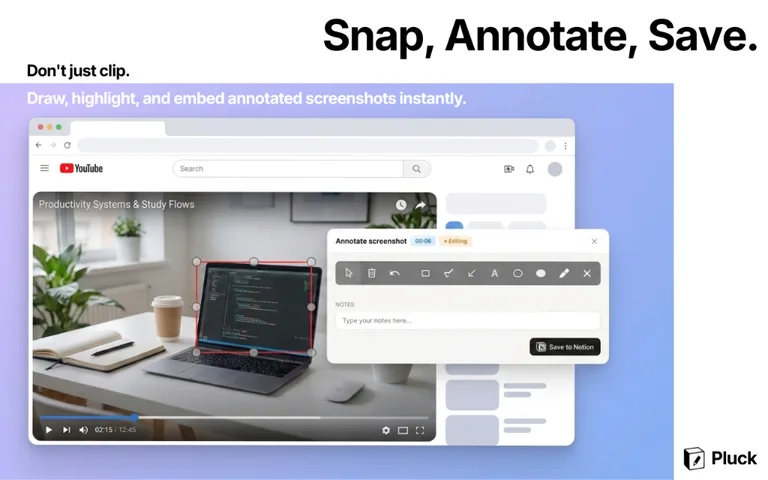 Pluck extension capturing a high-resolution YouTube screenshot with drawing annotation tools