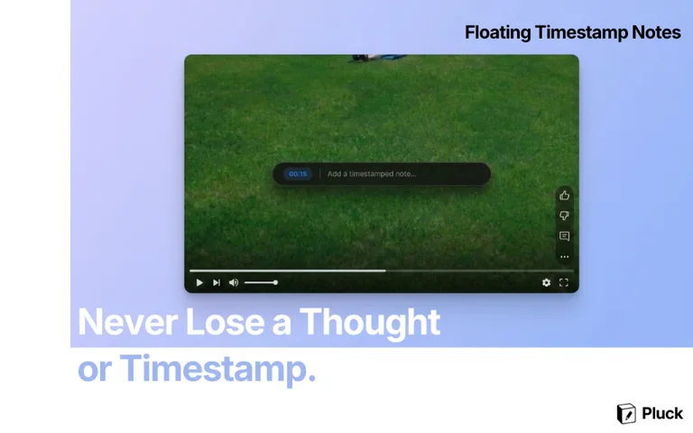Pluck floating timestamp note prompt appearing over a YouTube video player with Alt+N shortcut