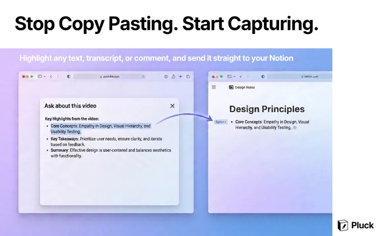 Stop copy-pasting YouTube captions — Pluck syncs full video transcripts to Notion in one click